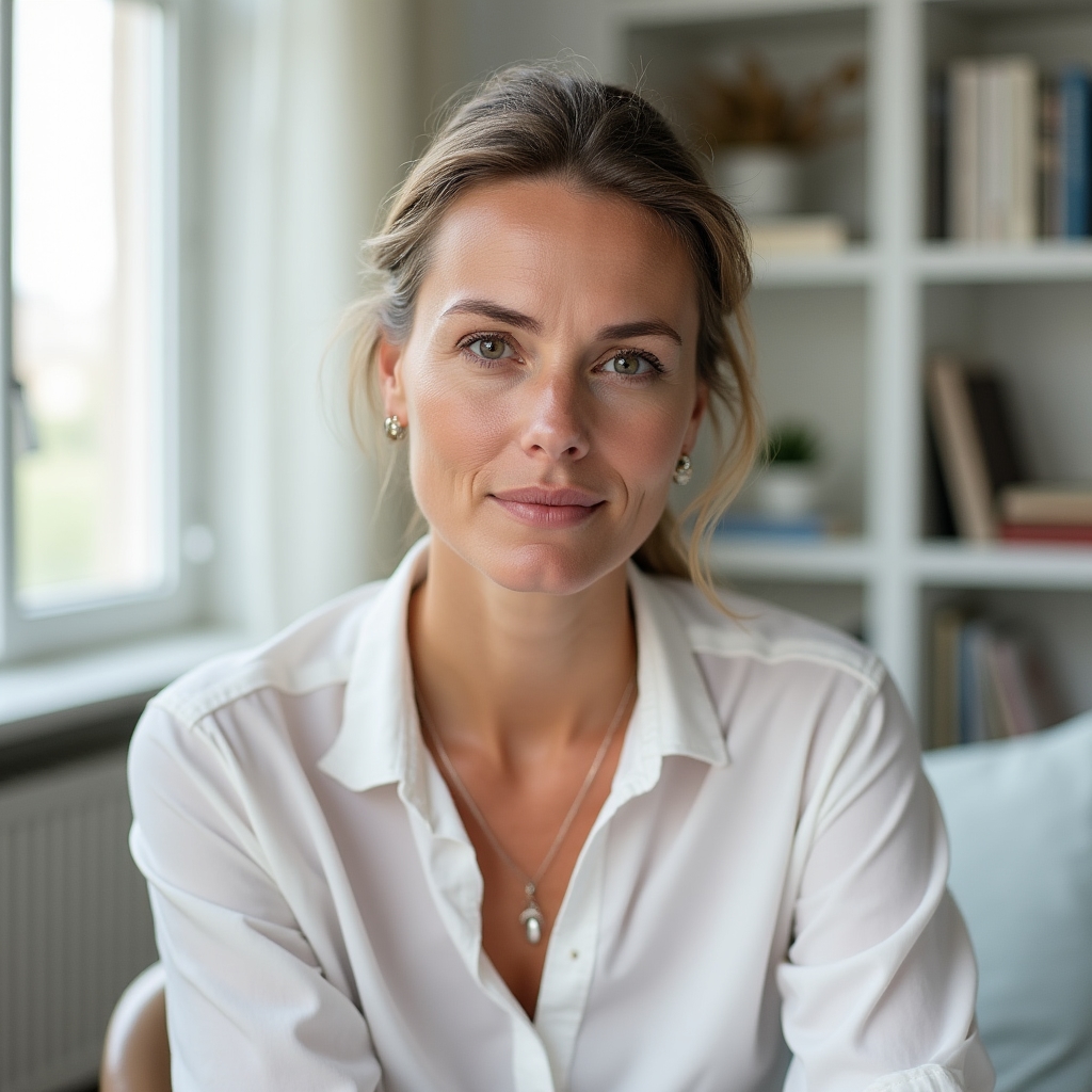 Portrait of a contributor, a woman in her early 30s with a relaxed professional look, photographed in a Kraków apartment