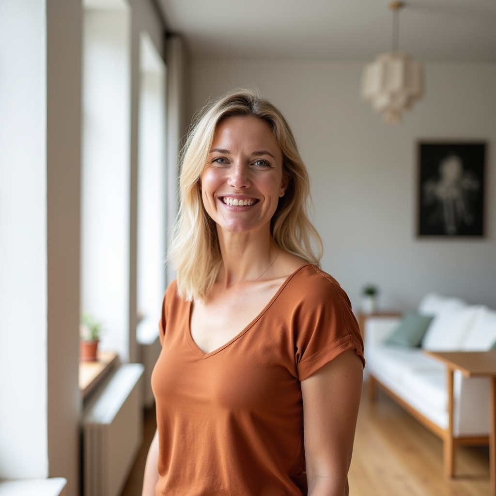 Portrait of a woman in her late 30s smiling confidently, photographed in a bright Wrocław apartment interior