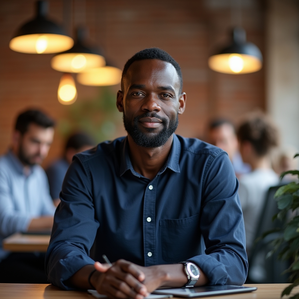 Portrait of a male contributor in his mid-30s, seated in a modern Warsaw coworking space, calm and focused expression
