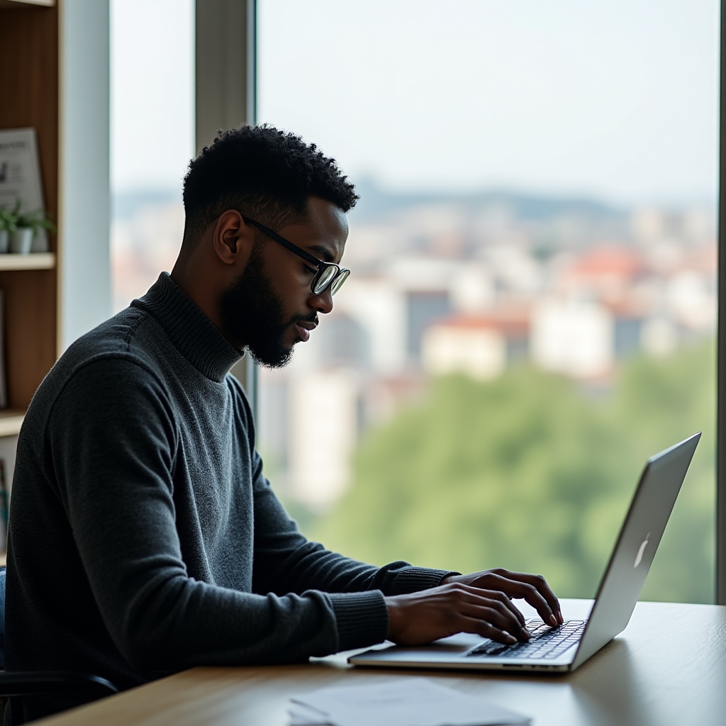 Person working at a desk with Polish city visible through the window, writing notes on a laptop